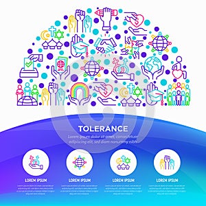 Tolerance concept in half circle with thin line icons: gender, racial, religious, sexual orientation, disability, respect, self-
