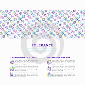Tolerance concept with thin line icons: gender, racial, national, religious, sexual orientation, disability, respect, self-