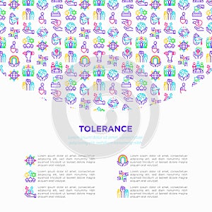 Tolerance concept with thin line icons: gender, racial, national, religious, sexual orientation, disability, respect, self-