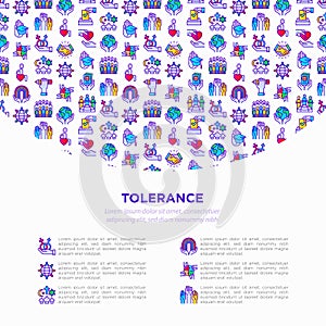 Tolerance concept with thin line icons: gender, racial, national, religious, sexual orientation, disability, respect, self-