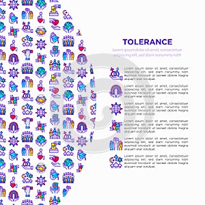 Tolerance concept with thin line icons: gender, racial, national, religious, sexual orientation, educational, interclass, for