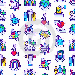 Tolerance seamless pattern with thin line icons: gender, racial, national, religious, sexual orientation, educational, interclass