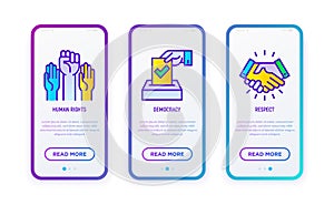 Tolerance thin line icons set: democracy, respect, human rights. Vector illustration for user mobile interface