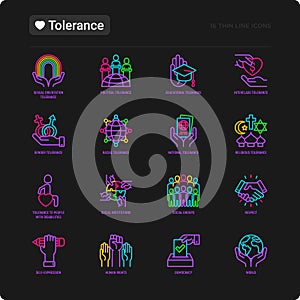 Tolerance thin line icons set: gender, racial, national, religious, sexual orientation, educational, interclass, for disability,