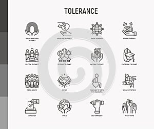 Tolerance thin line icons set: gender, racial, national, religious, sexual orientation, educational, interclass, for disability,