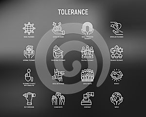 Tolerance thin line icons set: gender, racial, national, religious, sexual orientation, educational, interclass, for disability,