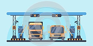 Toll higway. Toll gate construction. Arch for automatic charging on a toll road. Bus and lorry truck on roadway.