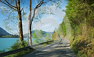 Toll road along walchensee lake shore at springtime