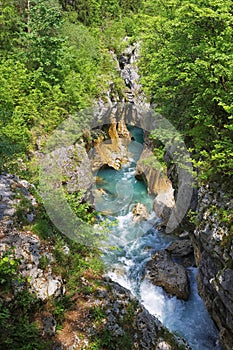 The Tolminka River flowing through Tolmin Gorge in the Triglav National Park, Slovenia, Europe