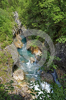 The Tolminka River flowing through Tolmin Gorge in the Triglav National Park, Slovenia, Europe