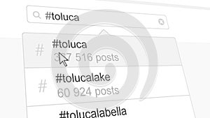 Toluca hashtag search through social media posts. 3D rendering