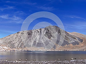 Toluca, Mexico. Panoramic of the old Nevado de Toluca volcano, in front you can see the Laguna de la Luna, in this there are vesti