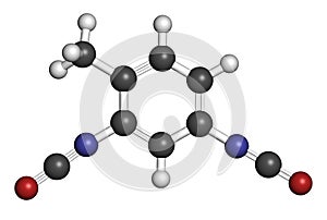 Toluene diisocyanate TDI, 2,4-TDI polyurethane building block molecule. May be a carcinogen. Atoms are represented as spheres.