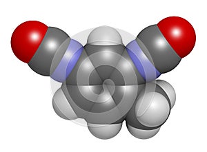 Toluene diisocyanate (TDI, 2,4-TDI) polyurethane building block molecule. May be a carcinogen. Atoms are represented as spheres photo