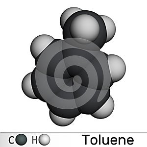 Toluene, toluol C7H8 molecule. Methylbenzene, aromatic hydrocarbon. Molecular model. 3D rendering