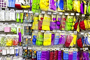 TOLYATTI, RUSSIA, JULY 08, 2018: Store stand with colorful silicone baking equipment.