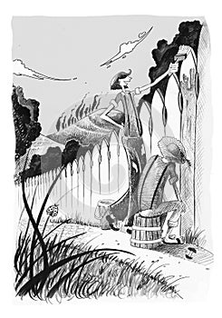 Tom Sawyer paints the fence. Black and white ink illustration