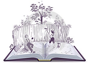 Tom Sawyer paints fence open book illustration