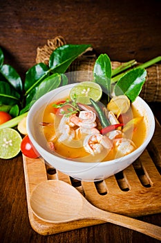 Tom yam kong or Tom yum soup. Thai food.