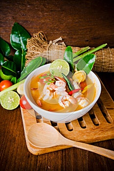 Tom yam kong or Tom yum soup. Thai food.