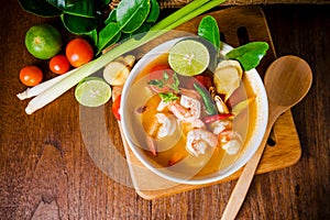 Tom yam kong or Tom yum soup. Thai food.