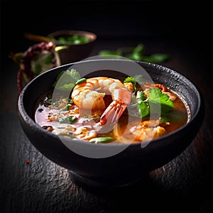 Tom Yam Kung ,Prawn and lemon soup with mushrooms, thai food in bowl. Generative Ai