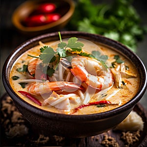 Tom Yam Kung ,Prawn and lemon soup with mushrooms, thai food in bowl. Generative Ai