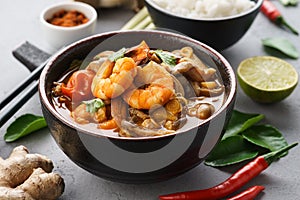 Tom Yam Kung - spicy Thai soup with shrimps. Served with rice