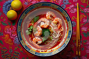 Tom Yum Goong, Chinese noodle soup with shrimps, Generative AI