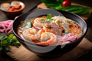 Tom Yum Goong - Thai spicy soup with shrimp, rice noodles and vegetables. Generative AI
