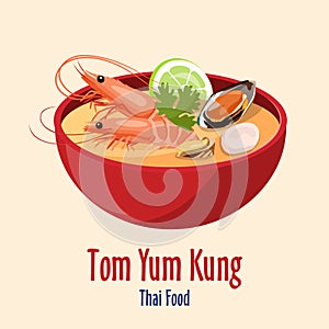 Tom Yum Kung - Red bowl with tasty seafood soup with shrimps lime and oysters, Thai cuisine