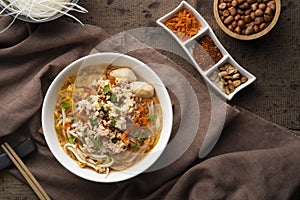 Tom Yum noodle soup ,Rice Stick Noodles with Minced Pork and meatball.popular hot and spicy soup in Thailand