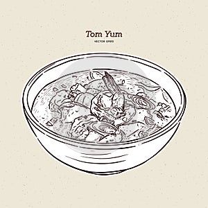 Tom Yum soup, Thai Food. hand draw sketch vector