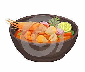 Tom Yum Soup Thailand Traditional Food Cartoon Illustration Vector