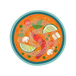 Tom Yum soup top view. Flat Thai Tom Yum Goong or Khung sour and spicy soup Traditional asian dish. Thai Food Vector