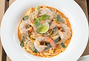 Tom Yum Spaghetti with Shrimp.