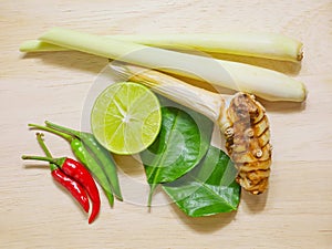 Tom yum or Thai spicy and sour soup ingredients