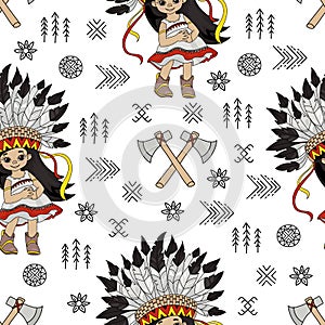 TOMAHAWK GIRL Pocahontas Indian Princess Seamless Pattern