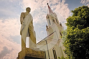 Tomas Garrigue Masaryk statue - first president of Czechoslovakia near church.