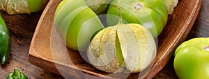 Tomatillos panorama. Green tomatoes, Mexican food ingredient