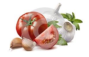 Tomato, basil leaves, garlic bulbs, cloves 2 isolated photo