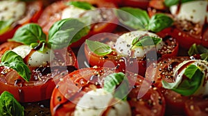 a tomato basil mozzarella salad, showcasing ripe tomatoes, creamy mozzarella, and fragrant basil leaves