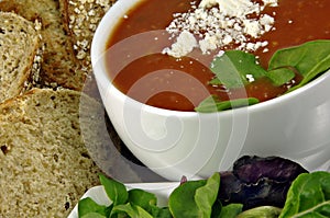 Tomato Basil Soup with Bread and Salad