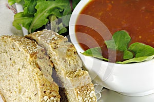 Tomato Basil Soup with Bread and Salad