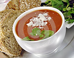 Tomato Basil Soup with Bread and Salad