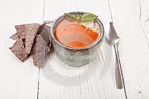 Tomato basil soup with tortilla chips