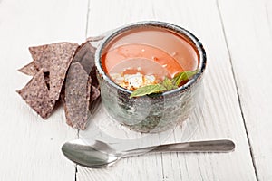 Tomato basil soup with tortilla chips