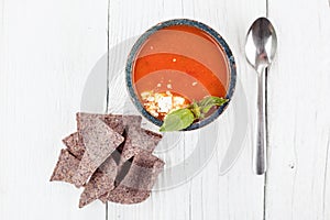 Tomato basil soup with tortilla chips