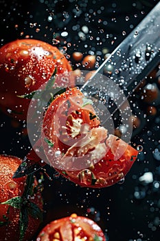 A tomato being cut in half with a knife, water droplets flying everywhere