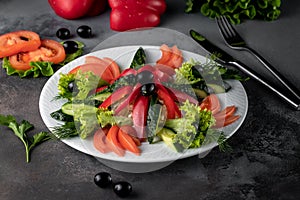 Tomato, bell pepper, cucumber slices, lettuce and thyme on white plate, served on grey cement background in rustic style with copy
